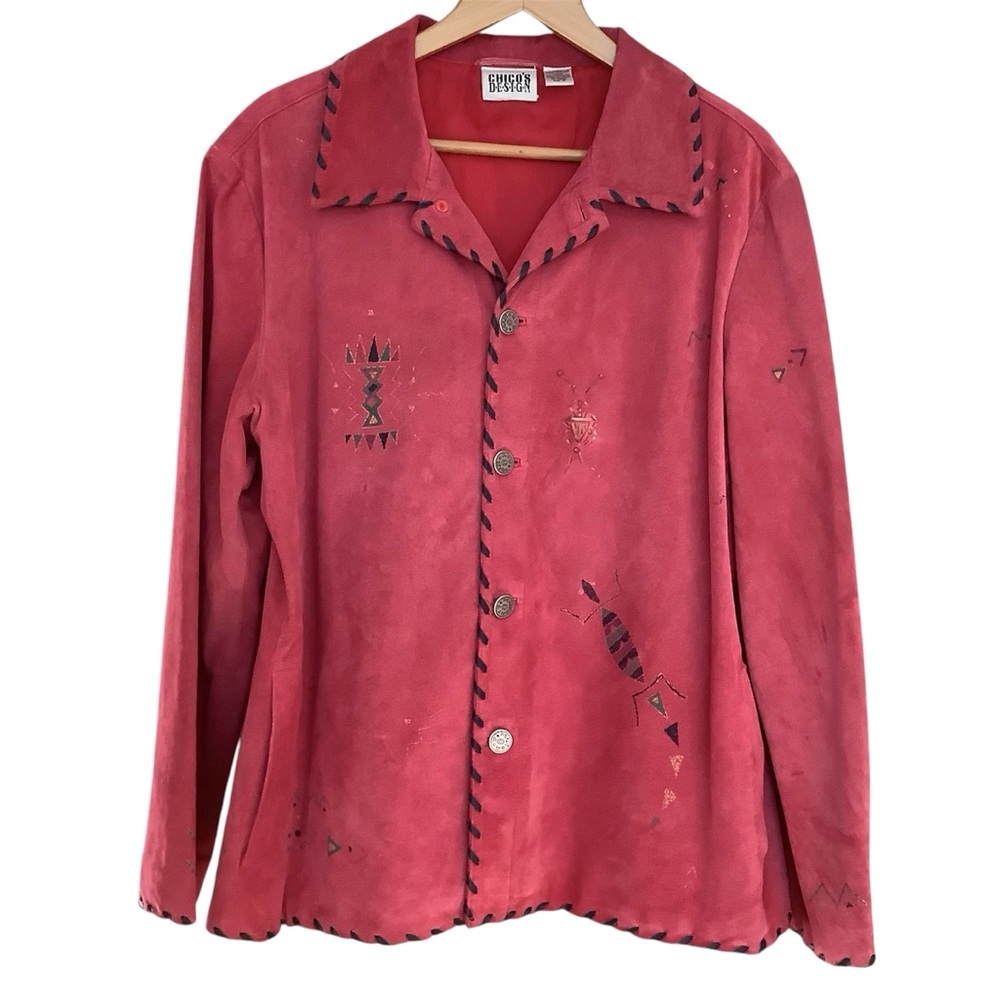 Chico's Dark Rose Suede Button-Front Jacket with Painted Accents XL Chico’s 3